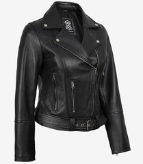 Women's Black Leather Jacket - Asymmetrical, Belted Biker Style