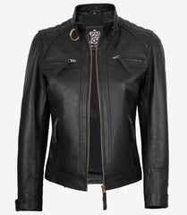 Women's Real Leather Black Biker Jacket with Golden Details