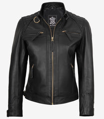 Women's Real Leather Black Biker Jacket with Golden Details