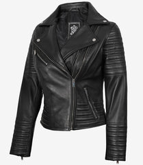 Women's Black Genuine Leather Biker Jacket with an Asymmetrical Front