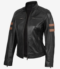 Women's Black Leather Biker Jacket with Cognac Stripe Detail