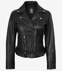 Women's Black Leather Jacket - Asymmetrical, Belted Biker Style