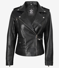 Amber Women's Black Leather Biker Jacket with Asymmetrical Front