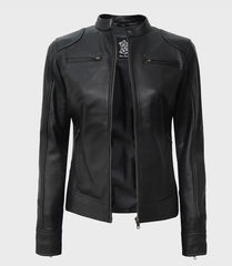Women's Tall Black Leather Jacket - Biker Style