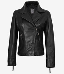 Ramsey Women's Black Leather Biker Jacket with Asymmetrical Closure