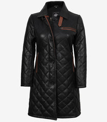 Glen Women's Black Quilted Leather Car Coat with Brown Detailing