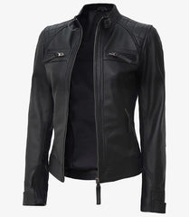 Women's Tall Black Quilted Leather Biker Jacket