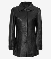 Women's Black Leather Button Down Coat in 3/4 Length