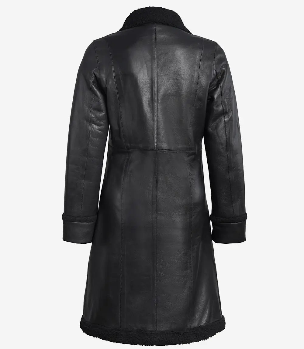 Women's Black Leather Shearling Coat – 3/4 Length Classic Fit