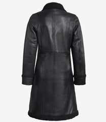 Women's Black Real Leather Shearling Coat in 3/4 Length
