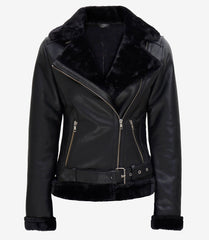 Women's Black Leather Biker Jacket Trimmed with Shearling