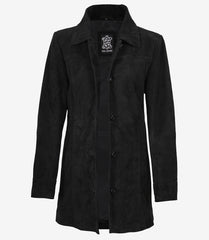 Women's Black Suede Coat with Button-Down Front