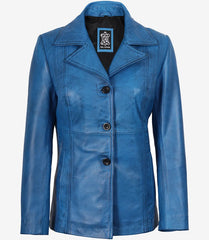 Women's Blue Waxed Leather Coat with Three Buttons