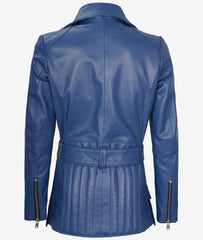 Women's Blue Leather Jacket - Asymmetrical, Belted Biker Style