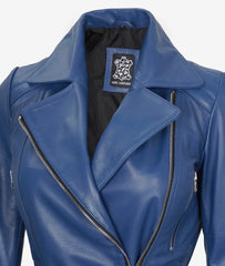Women's Blue Leather Jacket - Asymmetrical, Belted Biker Style