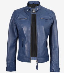 Women's Blue Quilted Lambskin Leather Jacket Biker Style