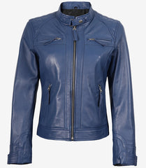 Women's Blue Quilted Lambskin Leather Jacket Biker Style