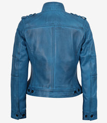 Women's Blue Waxed Lambskin Leather Jacket in Biker Style