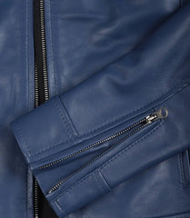 Women's Blue Leather Biker Jacket - Modern Fit
