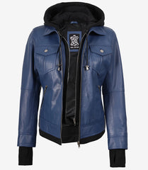 Women's Blue Leather Bomber Jacket with Hood