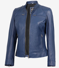 Women's Blue Leather Biker Jacket - Modern Fit