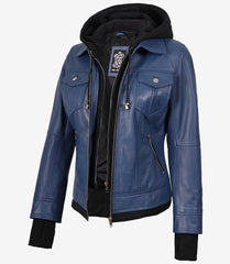Women's Blue Leather Bomber Jacket with Hood