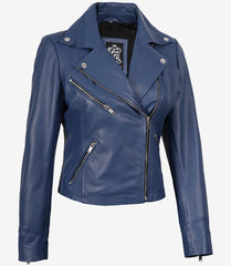 Women's Blue Lambskin Leather Jacket Biker Style