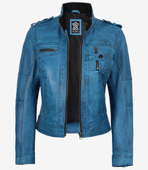 Women's Blue Waxed Lambskin Leather Jacket in Biker Style