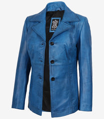 Women's Blue Waxed Leather Coat with Three Buttons