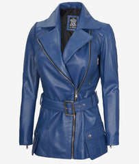 Women's Blue Leather Jacket - Asymmetrical, Belted Biker Style