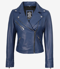 Women's Blue Lambskin Leather Jacket Biker Style