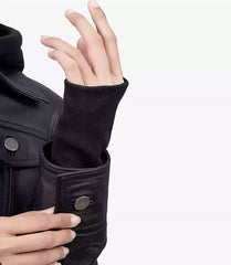 Essence Women Black Bomber Leather Jacket with Hood