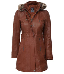 Women's Brown Leather Coat – Parka Style with Removable Fur Hood