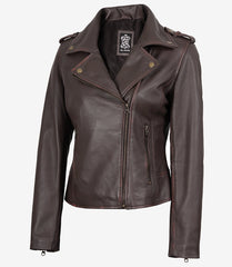 Women's Dark Brown Leather Jacket with Asymmetrical Biker Styling