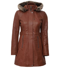Women's Brown Leather Coat – Parka Style with Removable Fur Hood