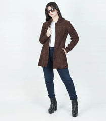 Women's Dark Brown Suede Coat with Button-Down Front