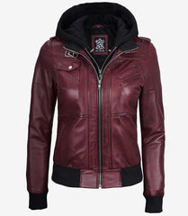 Women's Maroon Leather Bomber Jacket with Hood