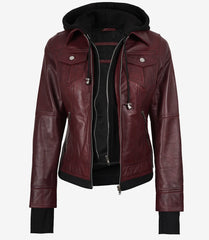 Women's Burgundy Leather Bomber Jacket with Removable Hood