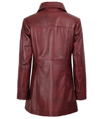 Women's Burgundy Leather Car Coat with Button-Down Closure