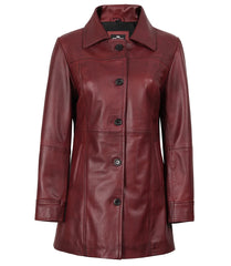 Women's Burgundy Leather Car Coat with Button-Down Closure