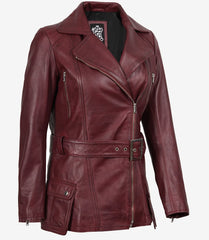 Women's Maroon Leather Biker Jacket with Asymmetrical Belted Front