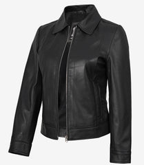 Jose Women's Black Leather Harrington Jacket with Shirt Collar