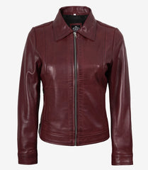 Women's Burgundy Leather Jacket with a Shirt Collar