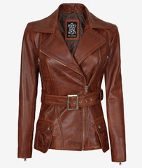 Women's Cognac Waxed Leather Jacket - Asymmetrical, Four-Pocket, Belted Biker Style