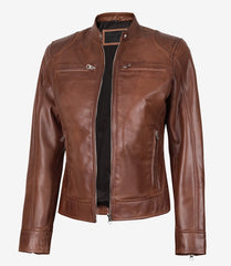 Women's Cognac Waxed Real Leather Jacket in Biker Style
