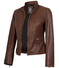 Women's Cognac Waxed Real Leather Biker Jacket