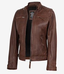 Women's Cognac Leather Biker Jacket with Quilted Shoulder Accents