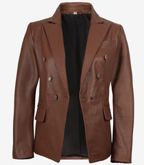 Kim Women's Cognac Leather Blazer with Double-Breasted Front