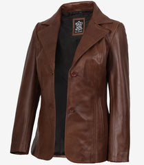 Women's Cognac Real Leather Blazer with Two Buttons and Notch Lapel