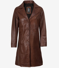 Women's Cognac Waxed Leather Coat - Mid Length
